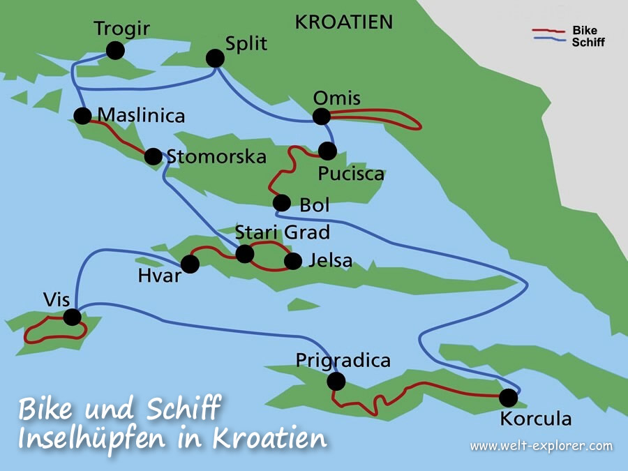 Karte Inselhüpfen Rad und Schiff in Kroatien