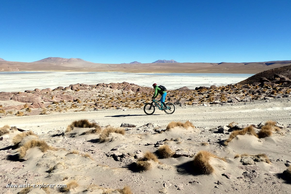 Mit Mountainbike in der Wüste bei Lagunen in Bolivien